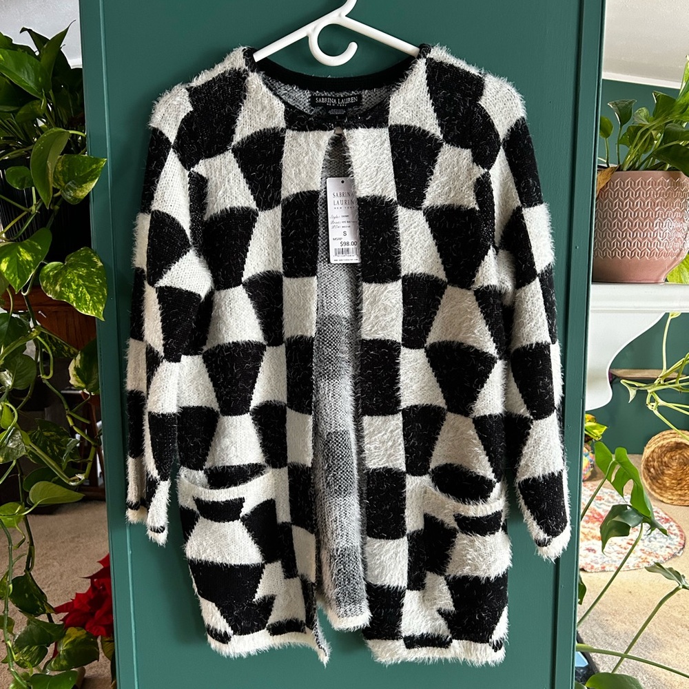 Sabrina Lauren Black and White Checkered Fuzzy Cardigan NASCAR🏁